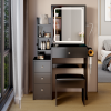 Small Space Left Bedside Cabinet Vanity Table + Cushioned Stool, 2 AC+2 USB Power Station, Hair dryer bracket